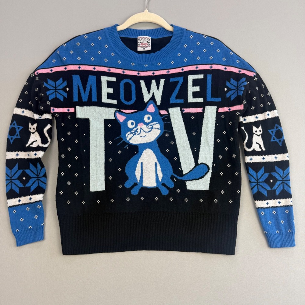 Well Worn Meowzel Tov Hanukkah Ugly Holiday Sweater Cat Star of David Knit XS